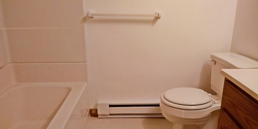 Bathroom with white shower/tub combo, white toilet, and vanity