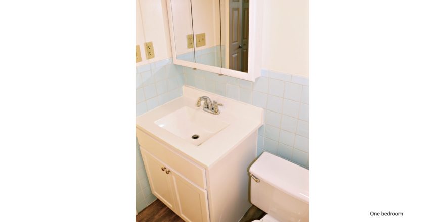Bathroom with vanity, toilet, and medicine cabinet