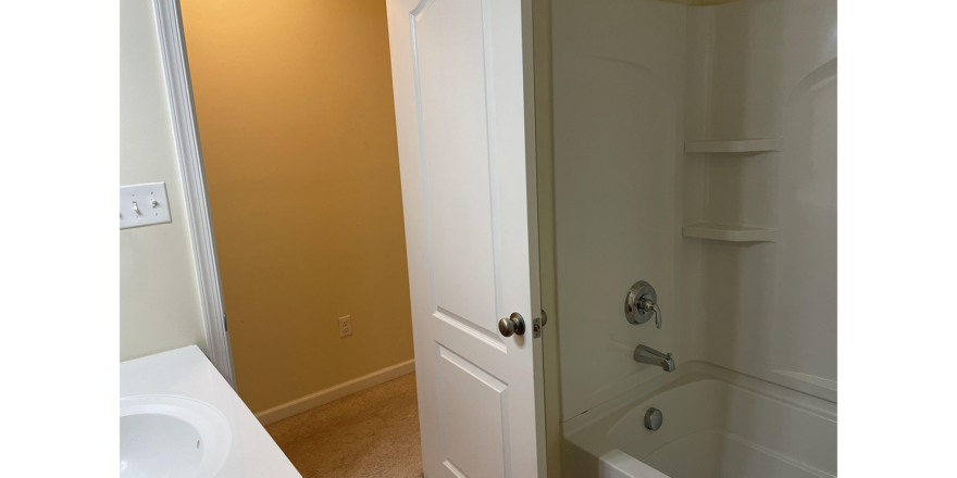 a bathroom with a bathtub, sink and mirror