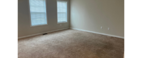 an empty room with a carpeted floor and two windows
