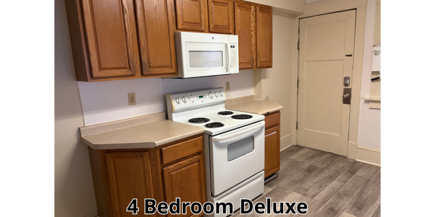 a kitchen with a white stove top oven