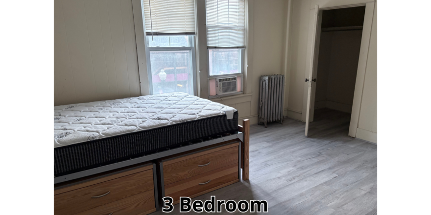 a bedroom with a bed, dresser, and window