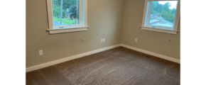 a empty room with two windows and a carpeted floor