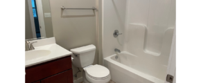 a white toilet sitting next to a bath tub