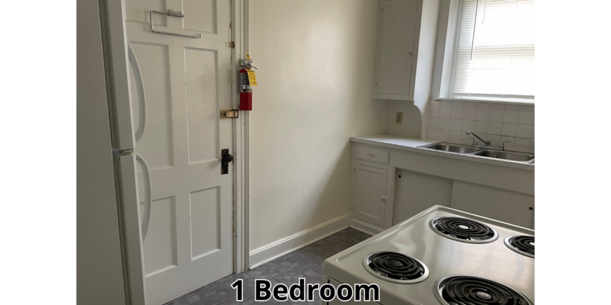 a kitchen with a stove top oven next to a door