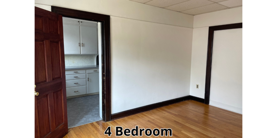 an empty room with a door and a window