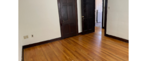 an empty room with wooden floors and black doors