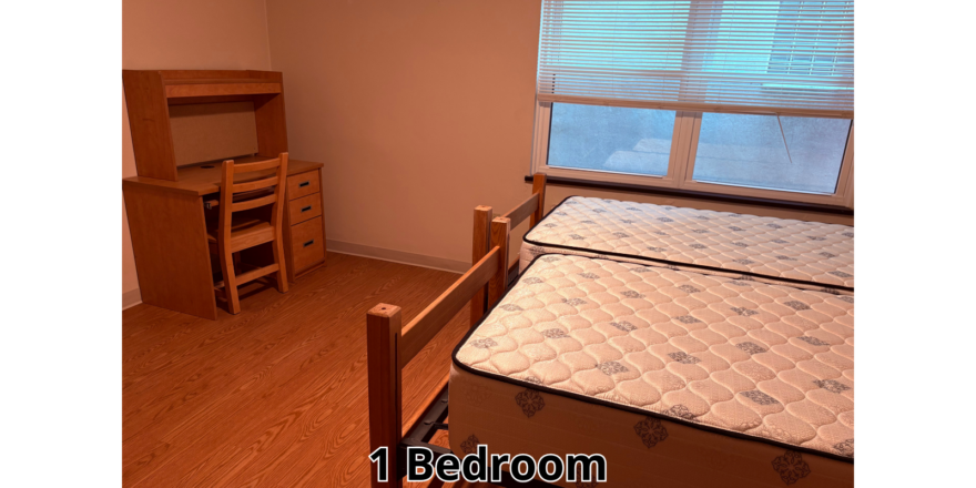 a bedroom with a bed, desk and chair