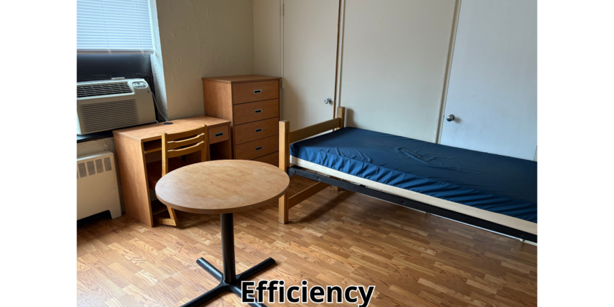 a small room with a bed, desk, and cabinet