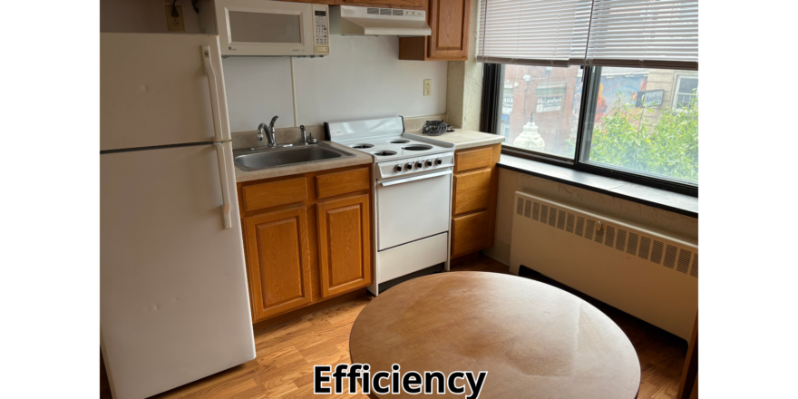 a kitchen with a table, stove and refrigerator