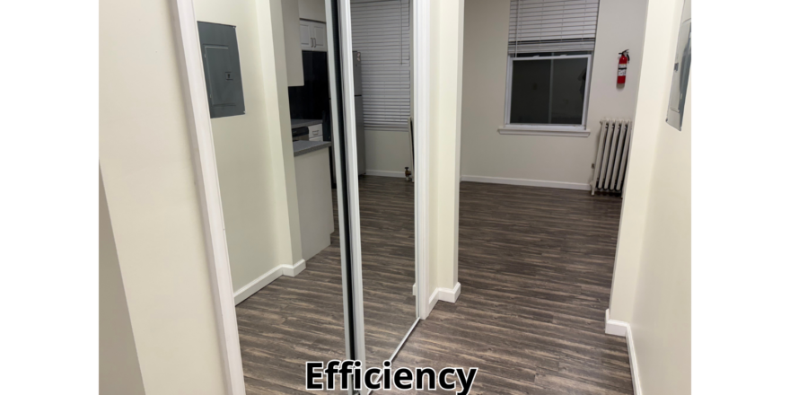 an empty room with a large mirror in it