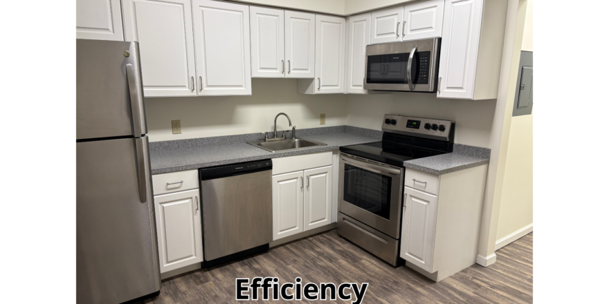 a kitchen with white cabinets and silver appliances