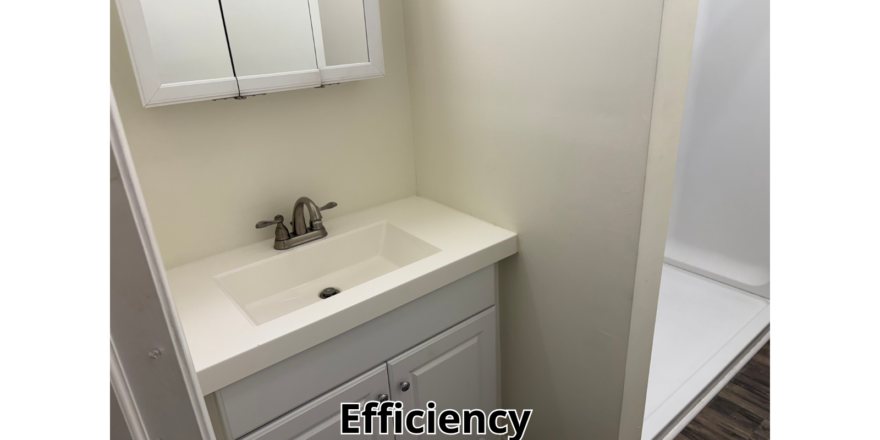 a bathroom with a sink, mirror and shower stall