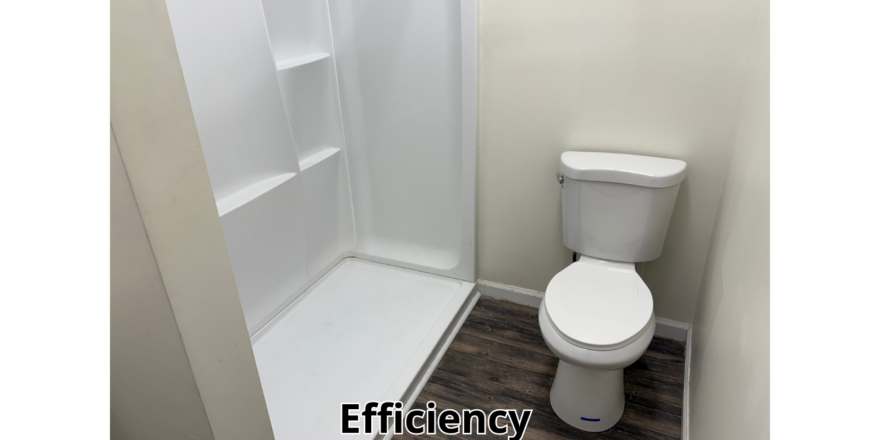 a white toilet sitting next to a walk in shower