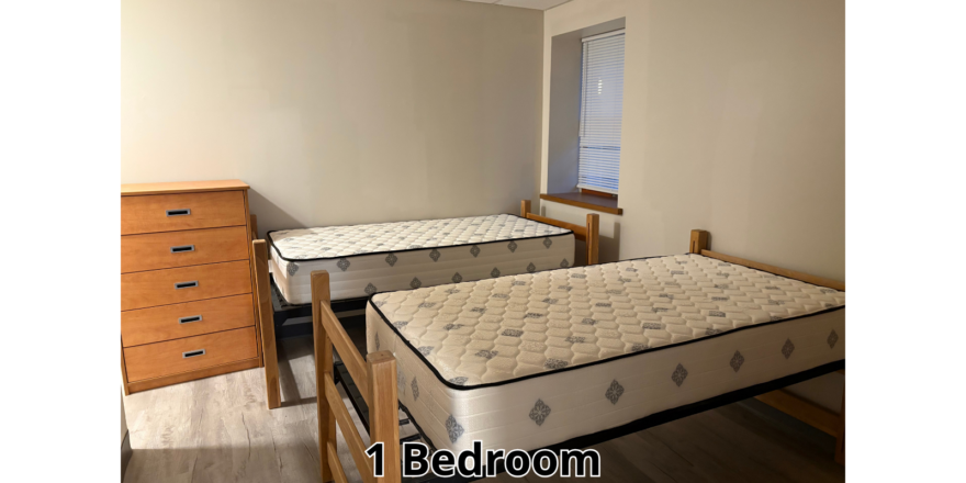 a bedroom with two beds and a dresser