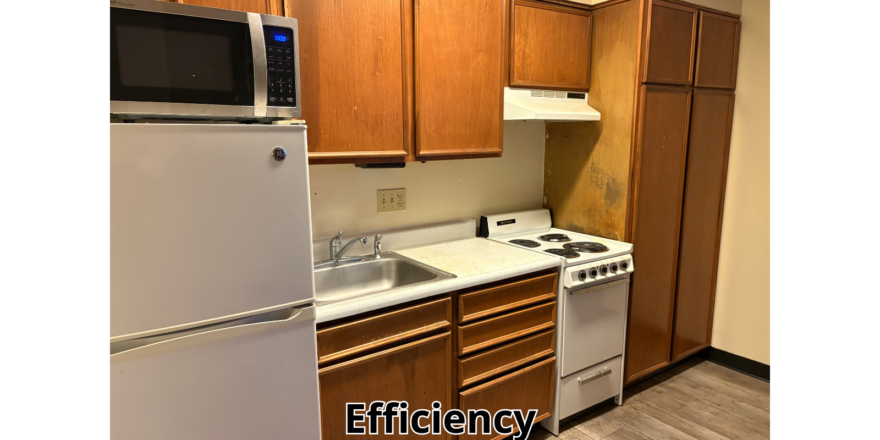 a kitchen with a microwave, stove, and refrigerator