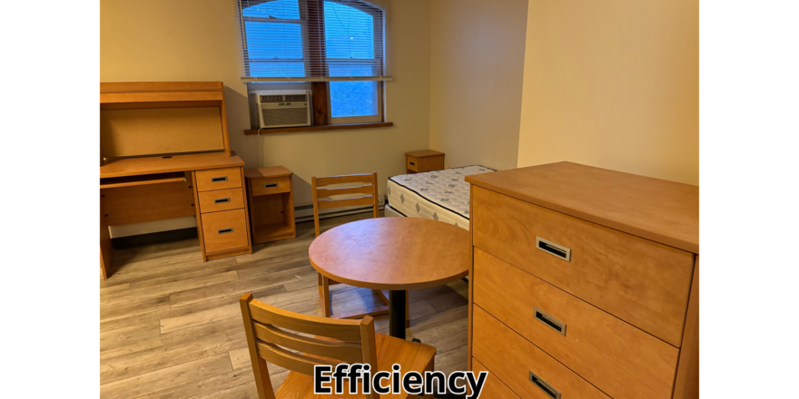 a room with a desk, chair, and bed in it