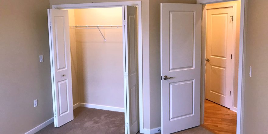 Carpeted bedroom with closet