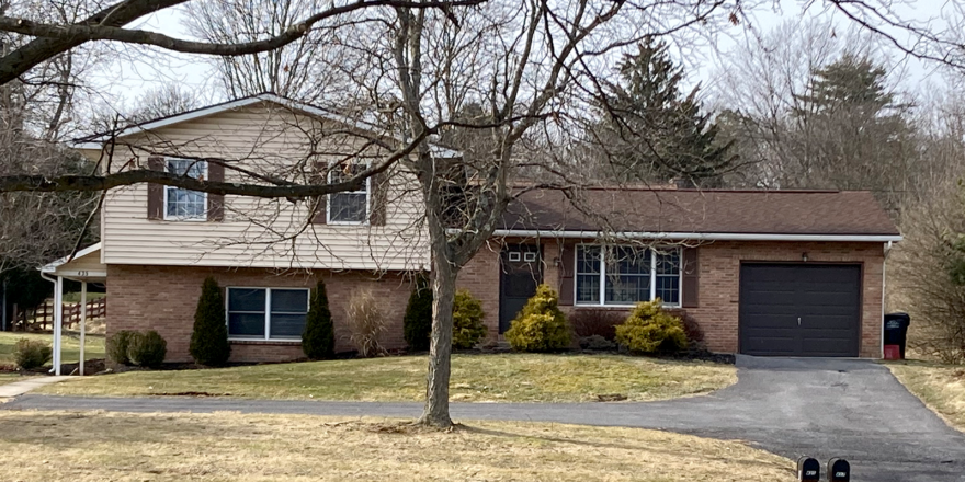 a house with a driveway and trees in the front yard