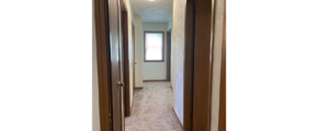a hallway with several doors, carpet, and a window