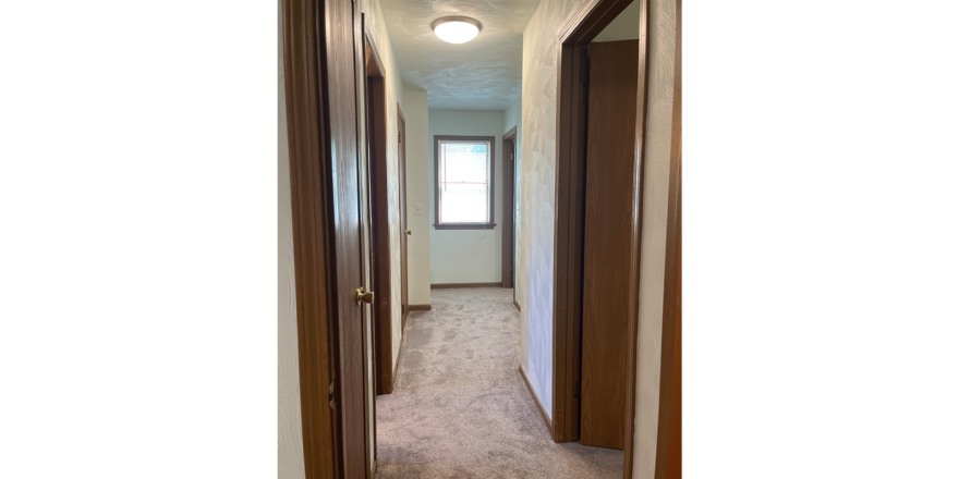 a hallway with several doors, carpet, and a window
