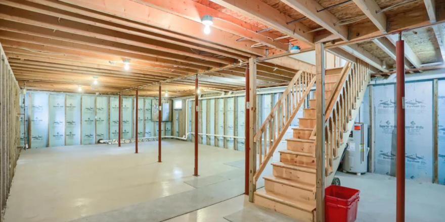 an unfinished room with stairs and a fire escape