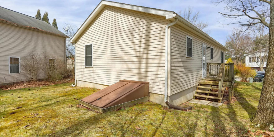 a back yard with a house and a tree