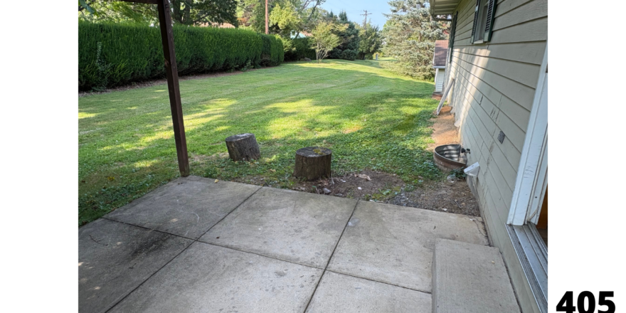 a back yard with grass and trees in the background