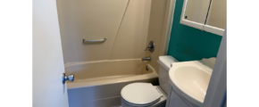 a bathroom with a toilet, sink, and bathtub