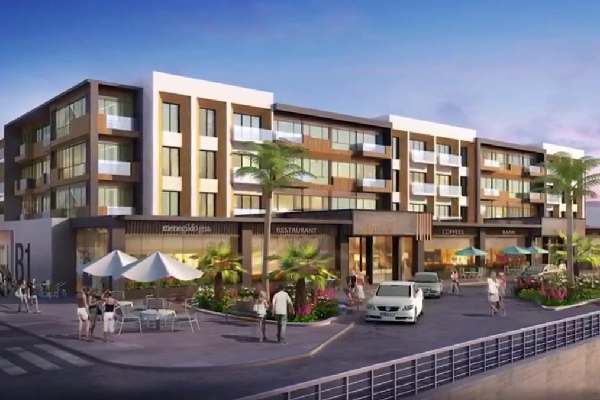 an artist's rendering of a hotel on a waterfront